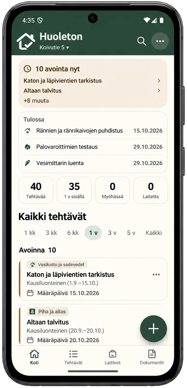 Huoleton-sovelluksen etusivu: avoimet huollot, tulossa olevat tehtävät ja koko huoltolista.