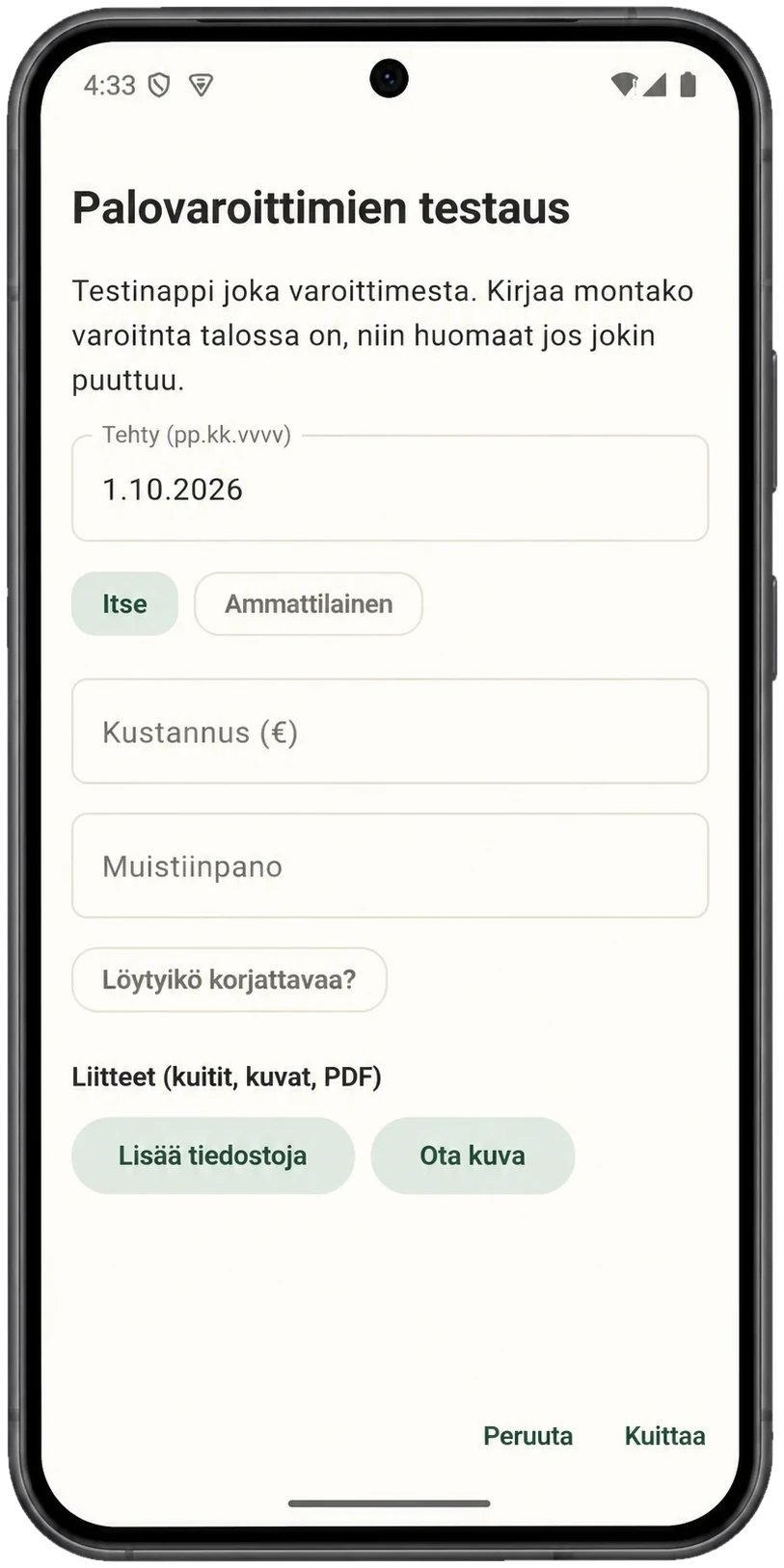 Huoleton-sovelluksen kuittauslomake: tekopäivä, tekijä, kustannus, muistiinpano ja liitteet.