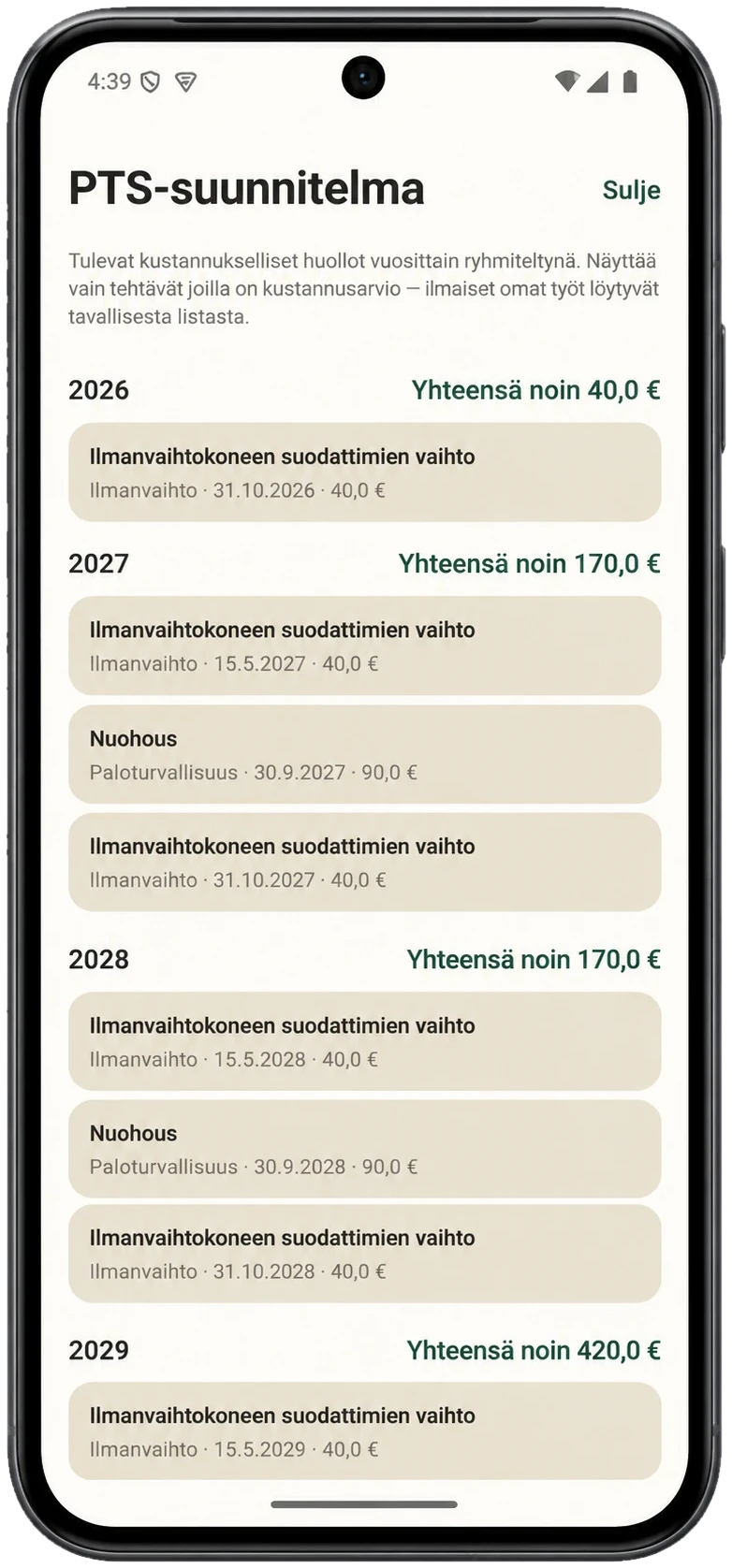 Huoleton-sovelluksen PTS-suunnitelma: tulevat kustannukselliset huollot vuosittain ja vuosikohtaiset summat.