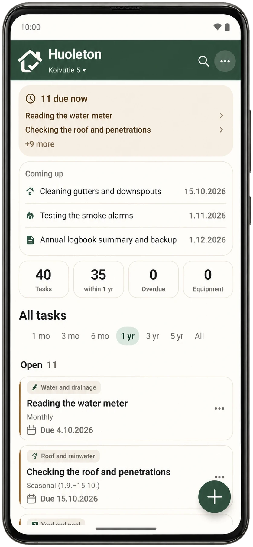 The Huoleton home screen: tasks due now, what is coming up and the full task list.