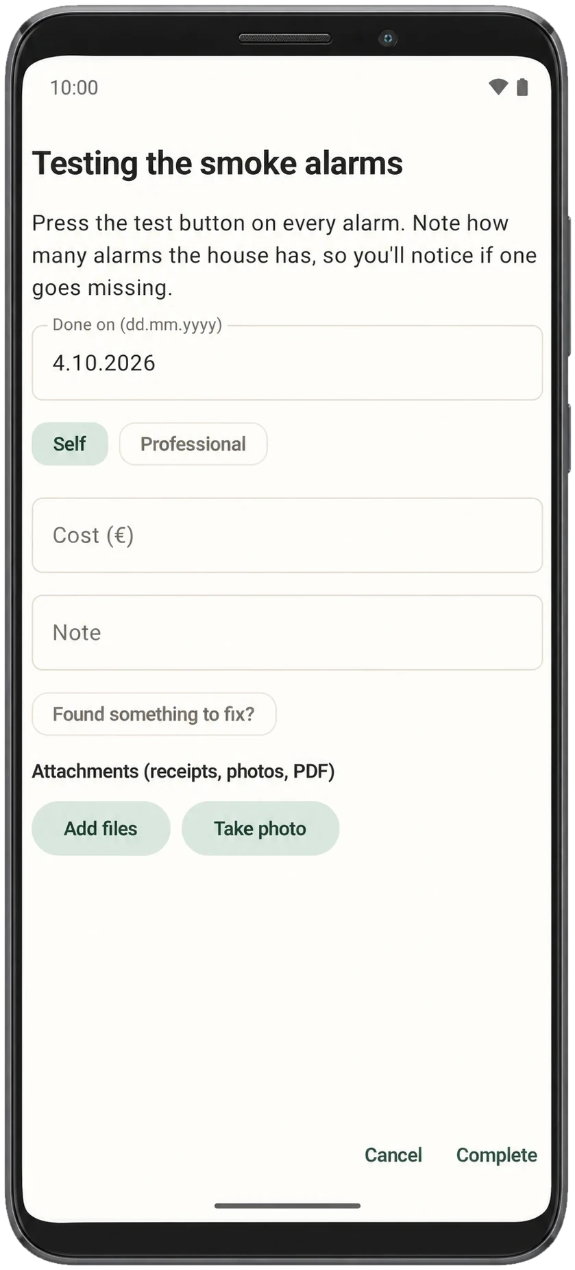 The Huoleton completion form: date done, self or professional, cost, note and attachments.