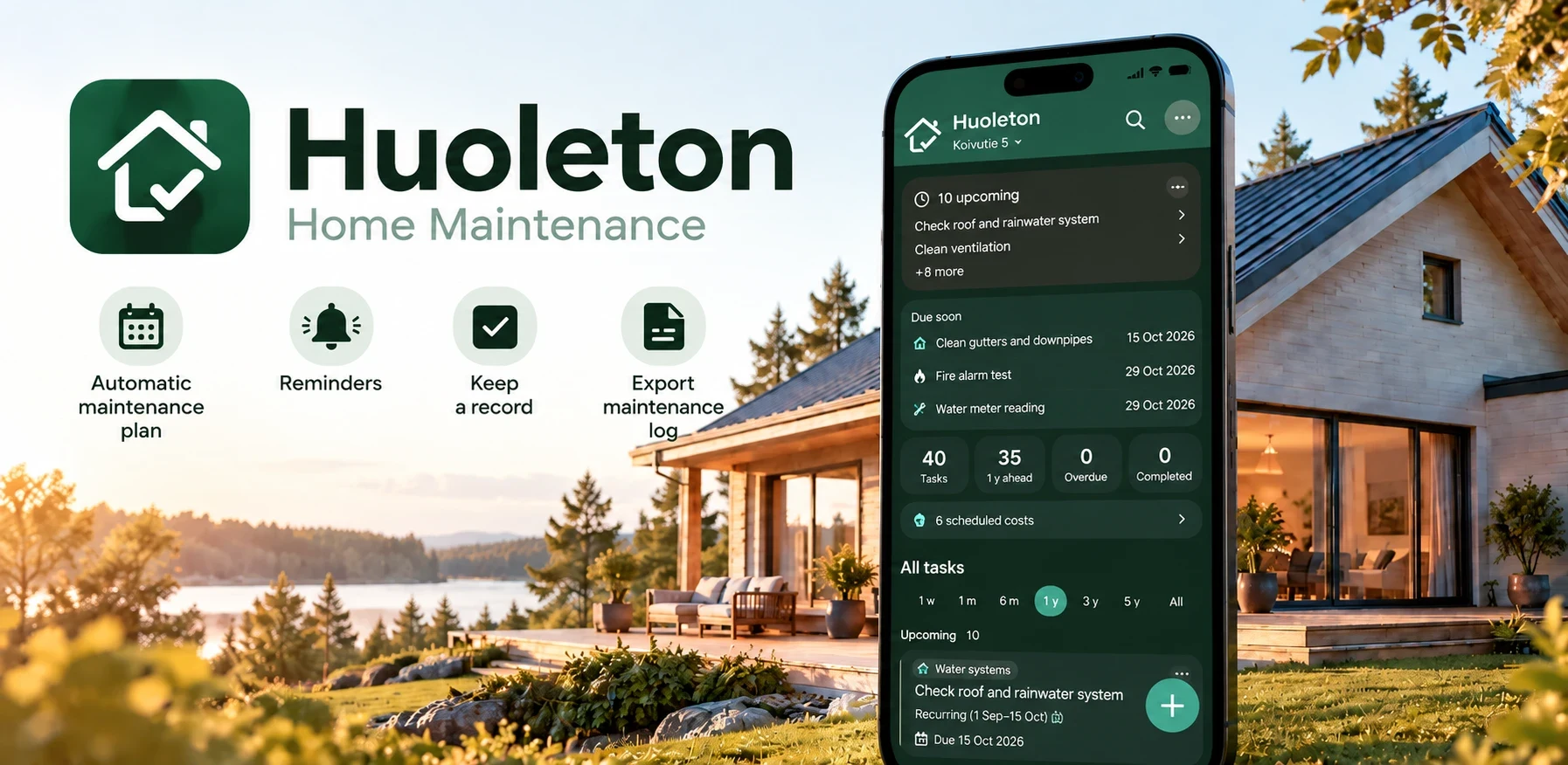 Huoleton app overview: the app logo, the name Huoleton, and the home screen on a phone in front of a house.
