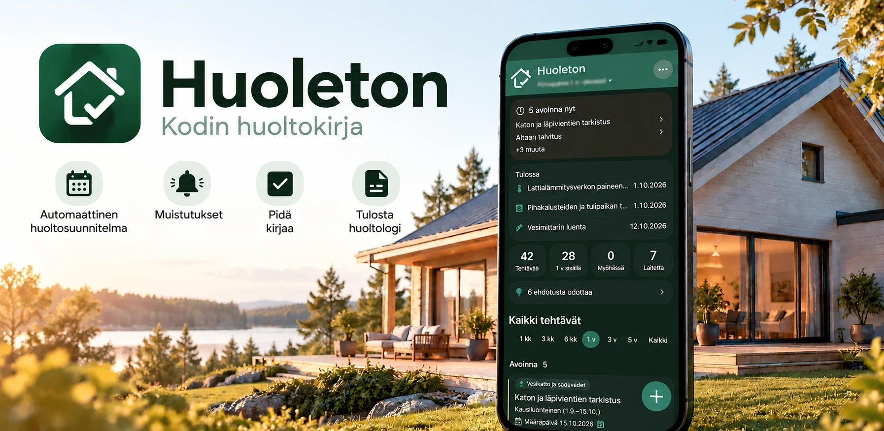 Huoleton-sovelluksen esittelykuva: koti, Huoleton-logo ja sovelluksen etusivu puhelimessa.